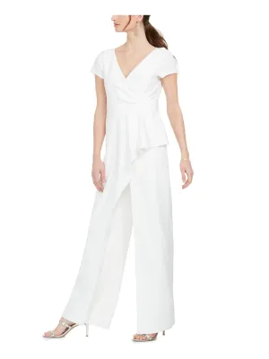 ADRIANNA PAPELL Womens Ivory Zippered Short Sleeve V Neck Wide Leg Jumpsuit