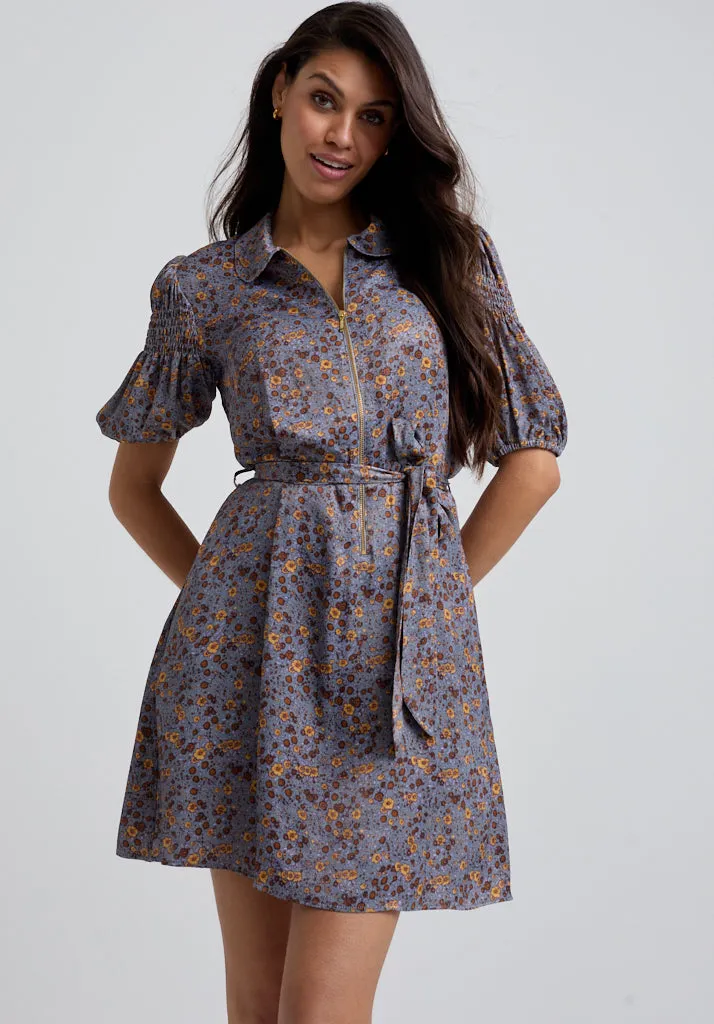 Amelia Smocked Sleeve Aster Print Mini Dress In Grey