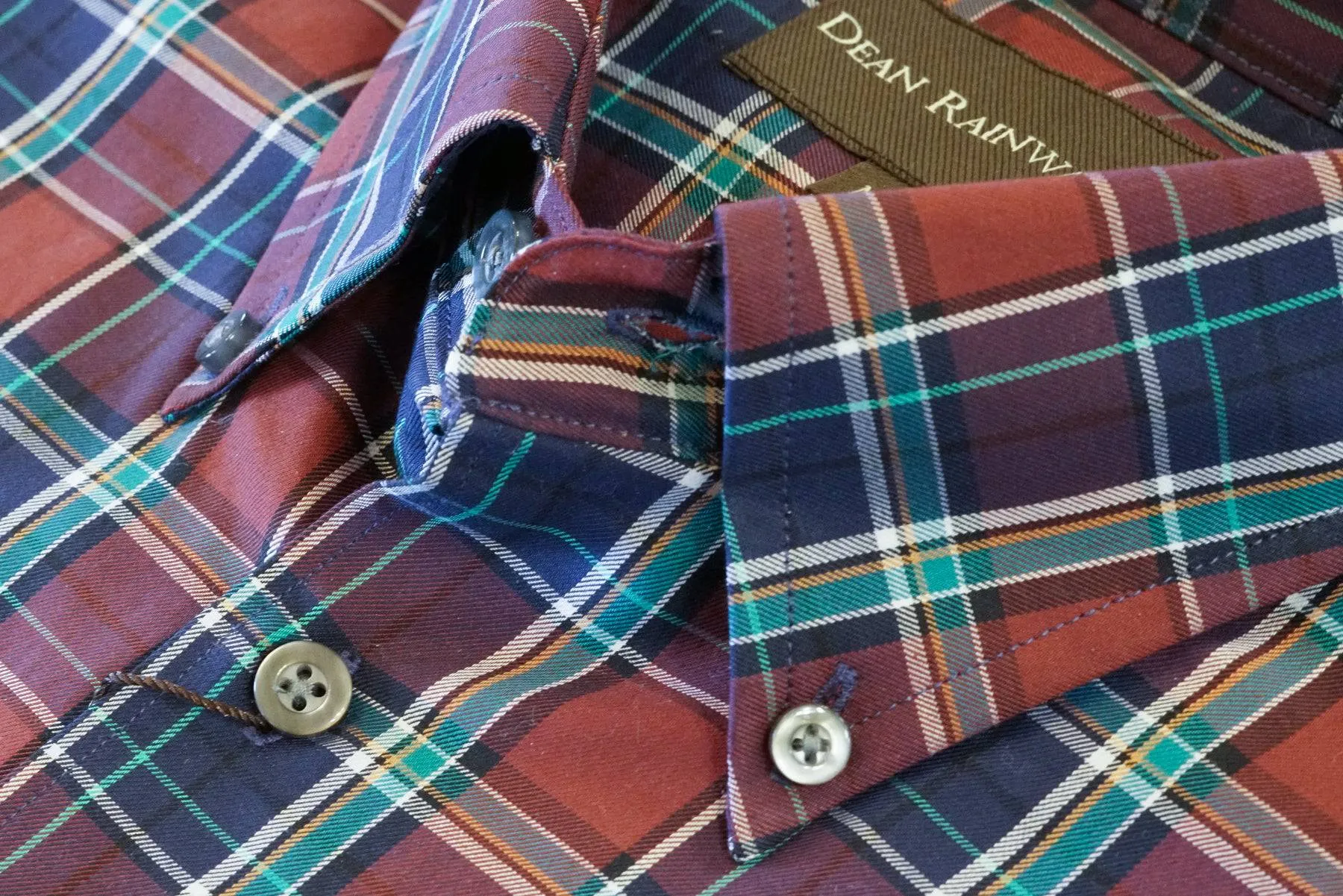 Burgundy, Navy with Teal Plaid Cotton Button-down by Dean Rainwater