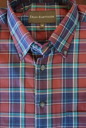 Burgundy, Navy with Teal Plaid Cotton Button-down by Dean Rainwater