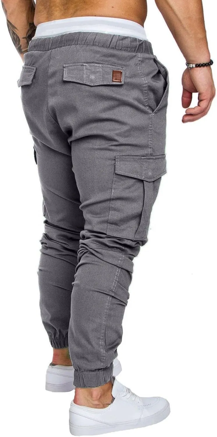Cargo Pants for Men Regular Fit Drawstring Slacks Tapered Cotton Elastic Waist Multi Pockets Solid Sweatpants