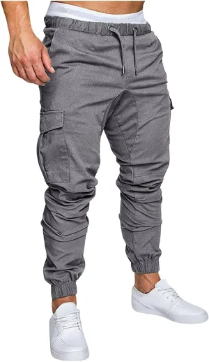Cargo Pants for Men Regular Fit Drawstring Slacks Tapered Cotton Elastic Waist Multi Pockets Solid Sweatpants