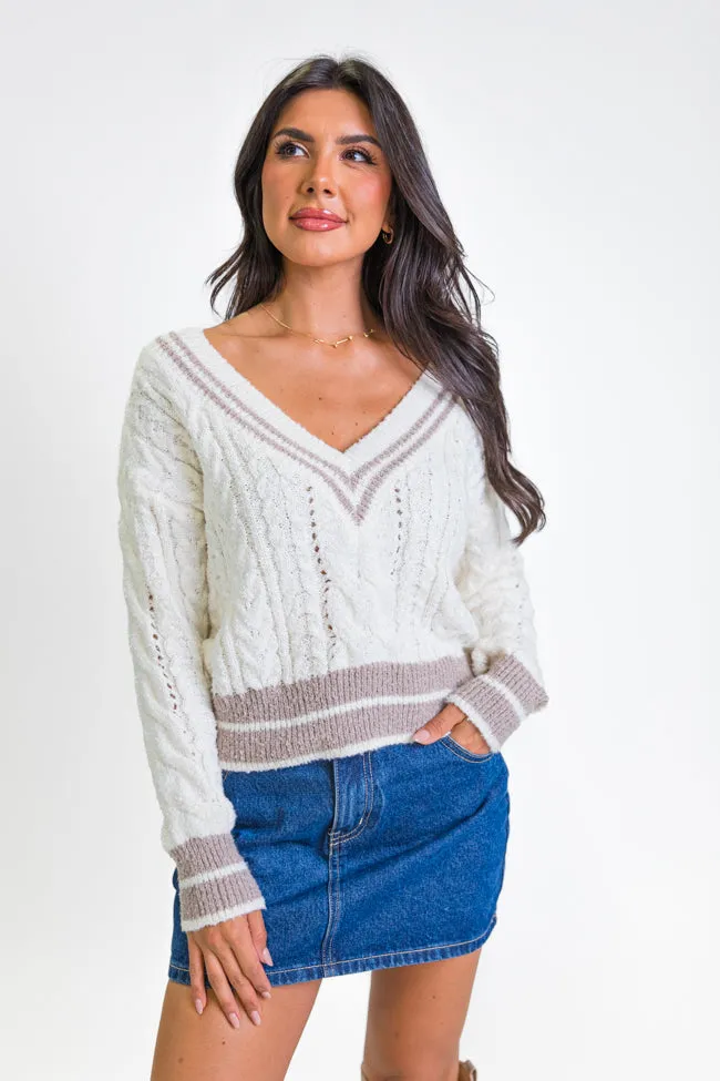 City Line Ivory Varsity V-Neck Sweater SALE