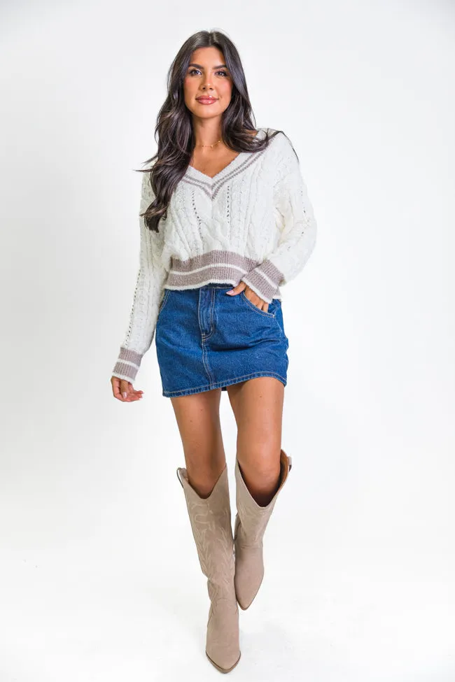 City Line Ivory Varsity V-Neck Sweater SALE