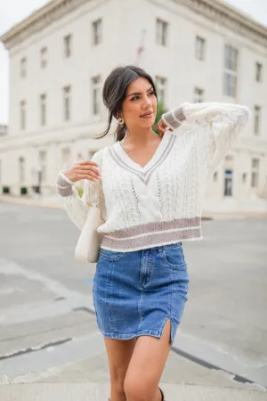City Line Ivory Varsity V-Neck Sweater SALE