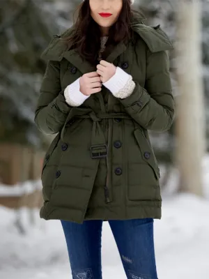 Fashionable Hooded Zipper Button Down Jacket with Belt