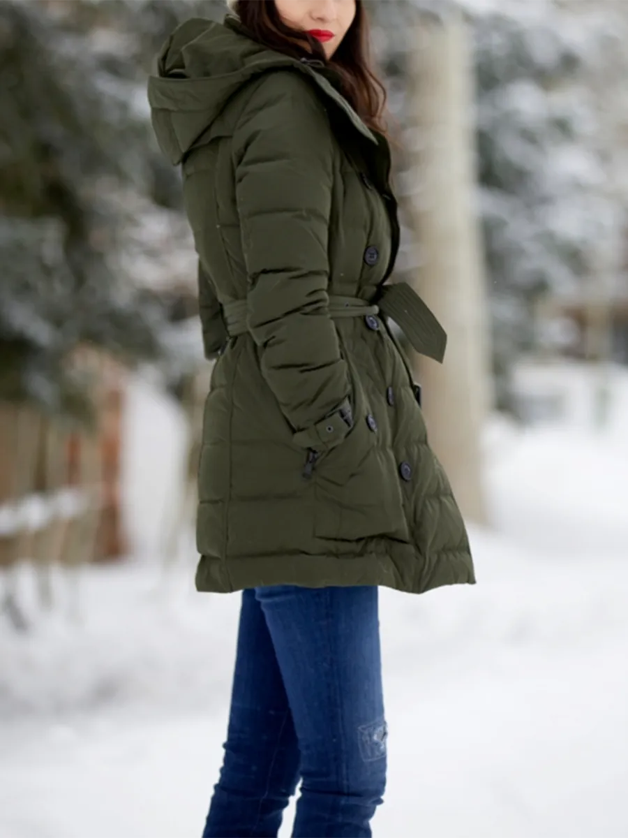 Fashionable Hooded Zipper Button Down Jacket with Belt