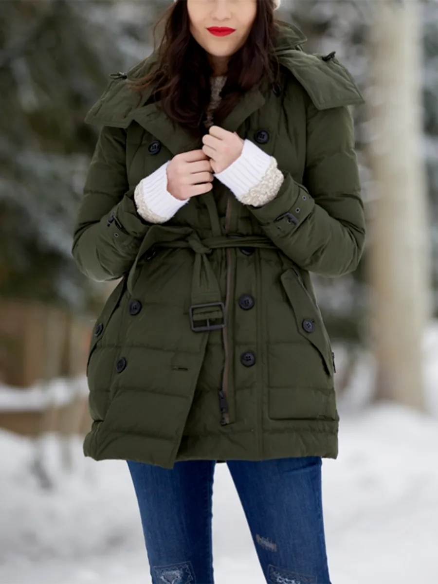 Fashionable Hooded Zipper Button Down Jacket with Belt