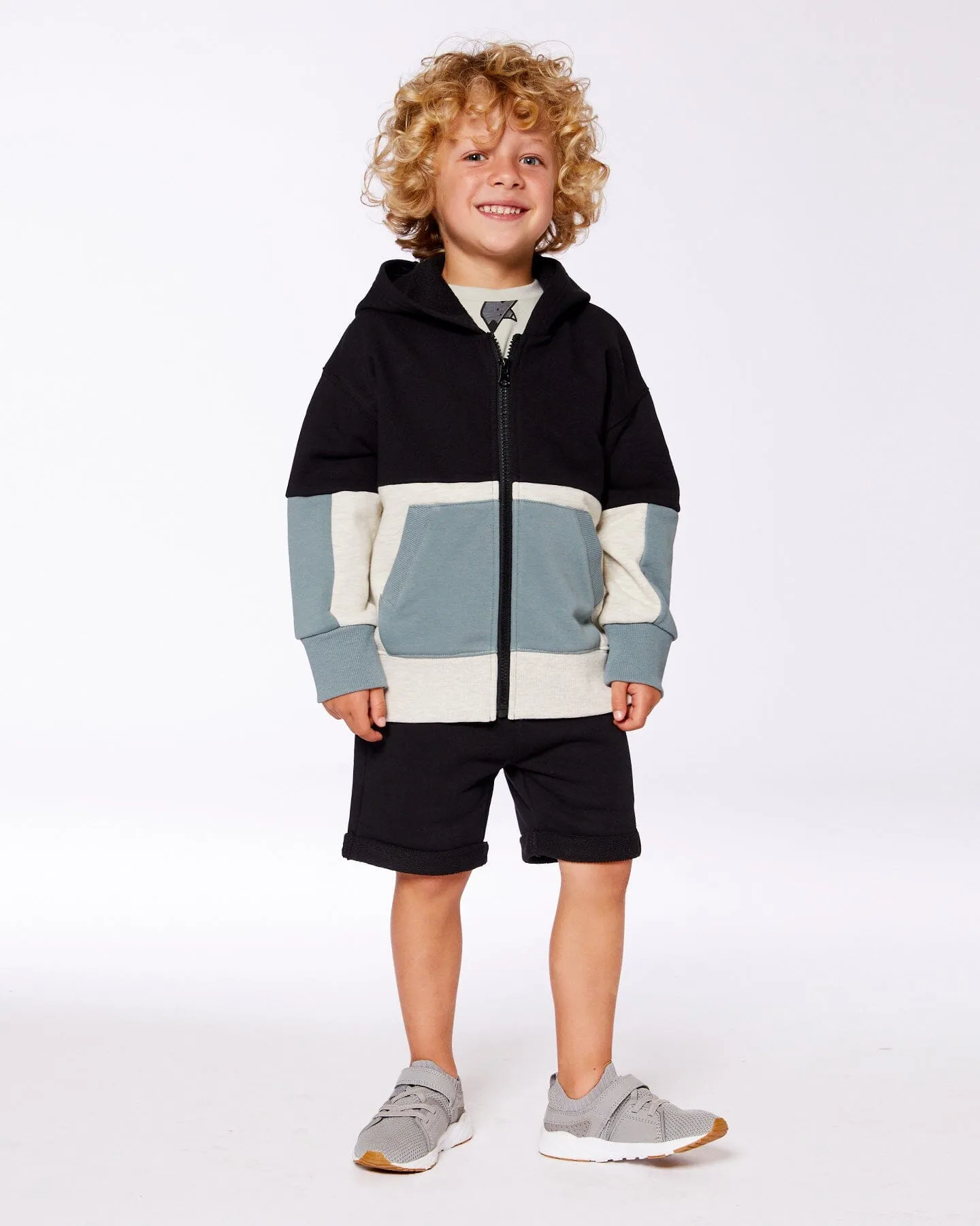 French Terry Color Block Full Zip Hoodie Cardigan Sweatshirt Black, Teal And Shimmer