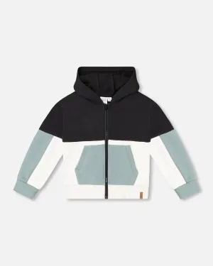 French Terry Color Block Full Zip Hoodie Cardigan Sweatshirt Black, Teal And Shimmer