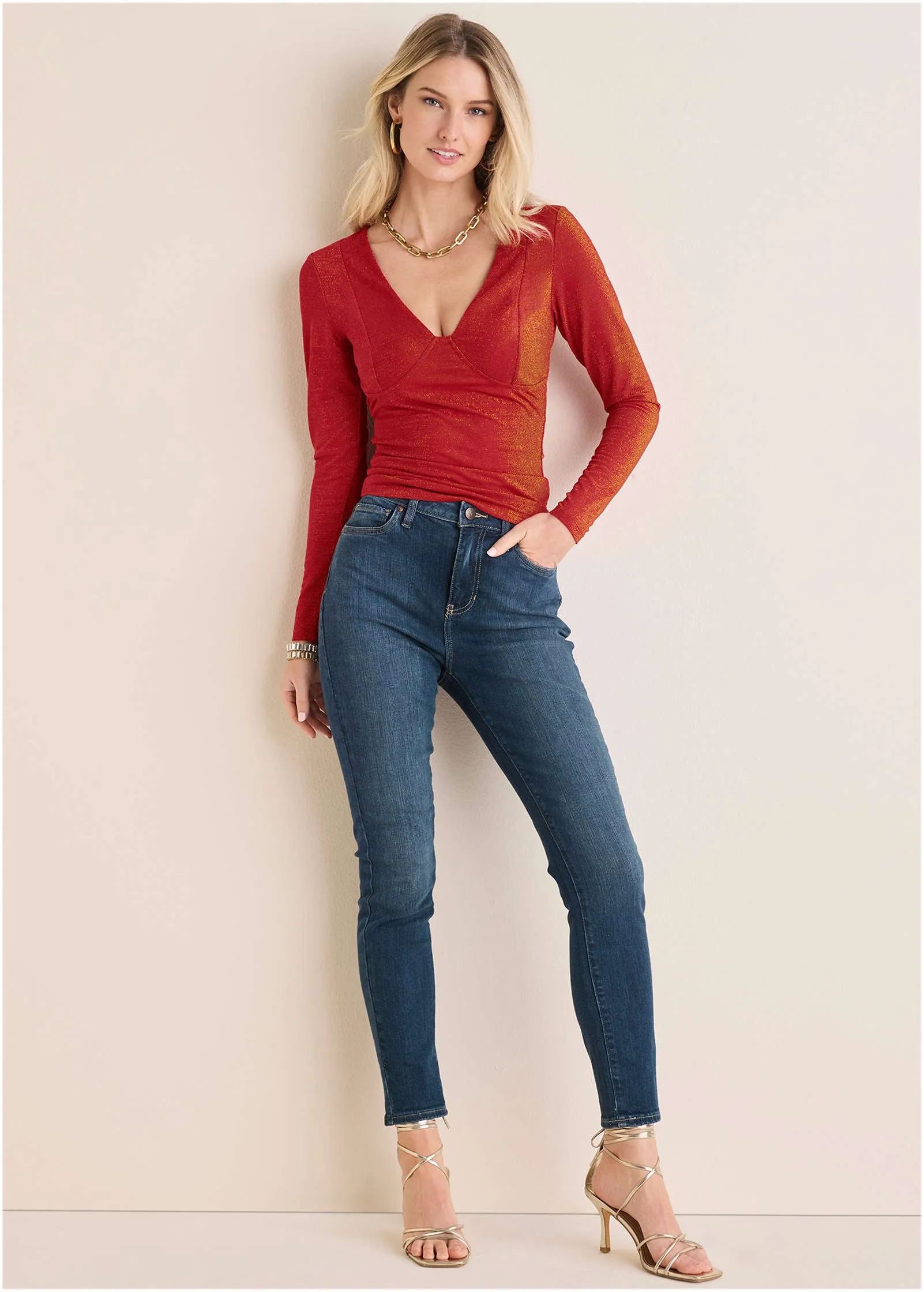 Glitter Knit V-Neck Top - Racing Red Glitter Knit