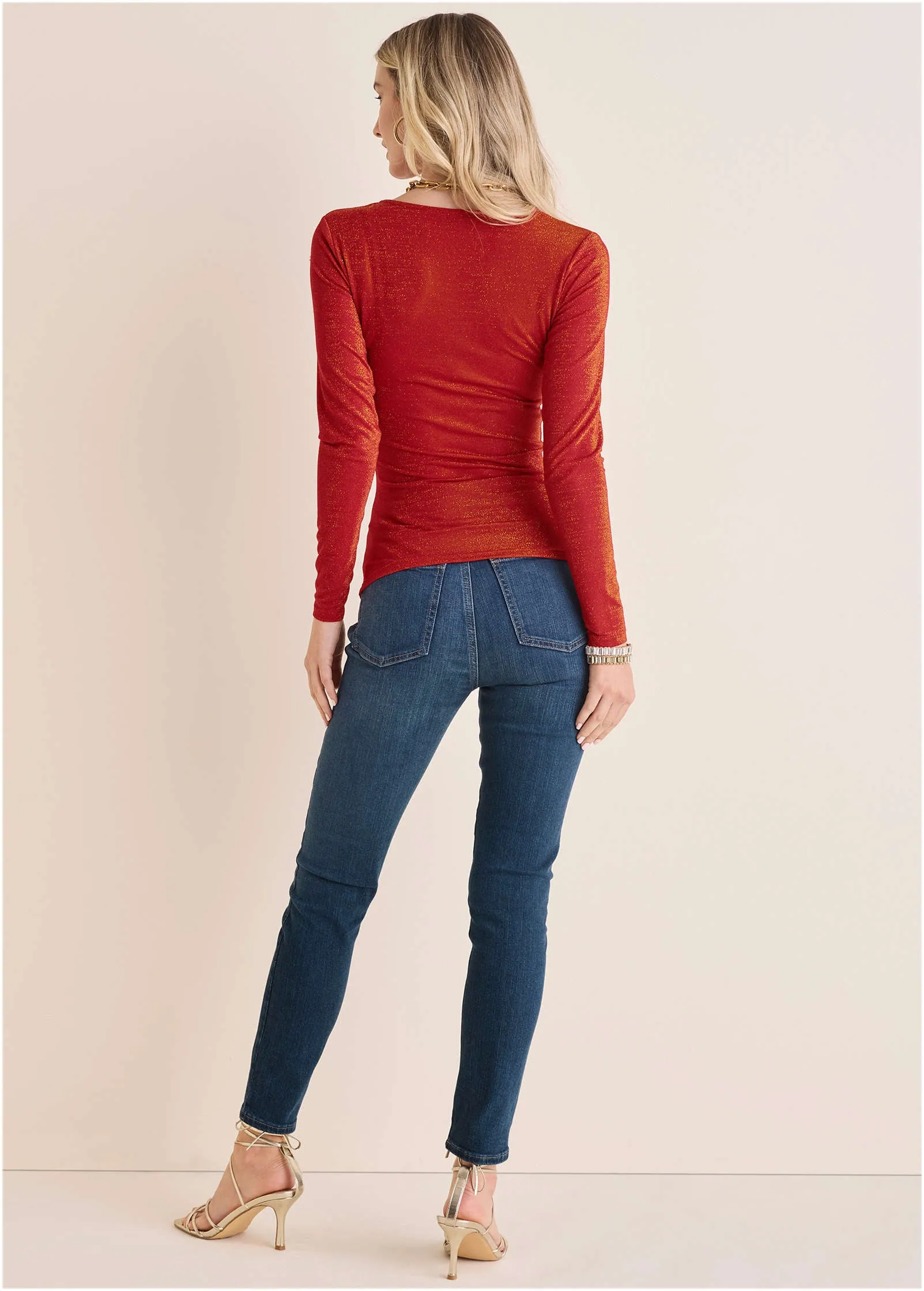 Glitter Knit V-Neck Top - Racing Red Glitter Knit