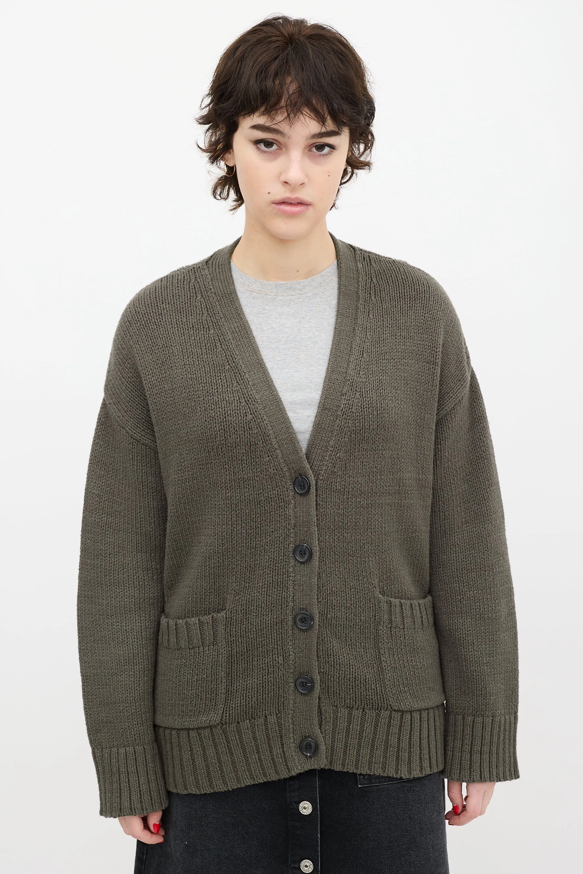 Green Knit V-Neck Cardigan