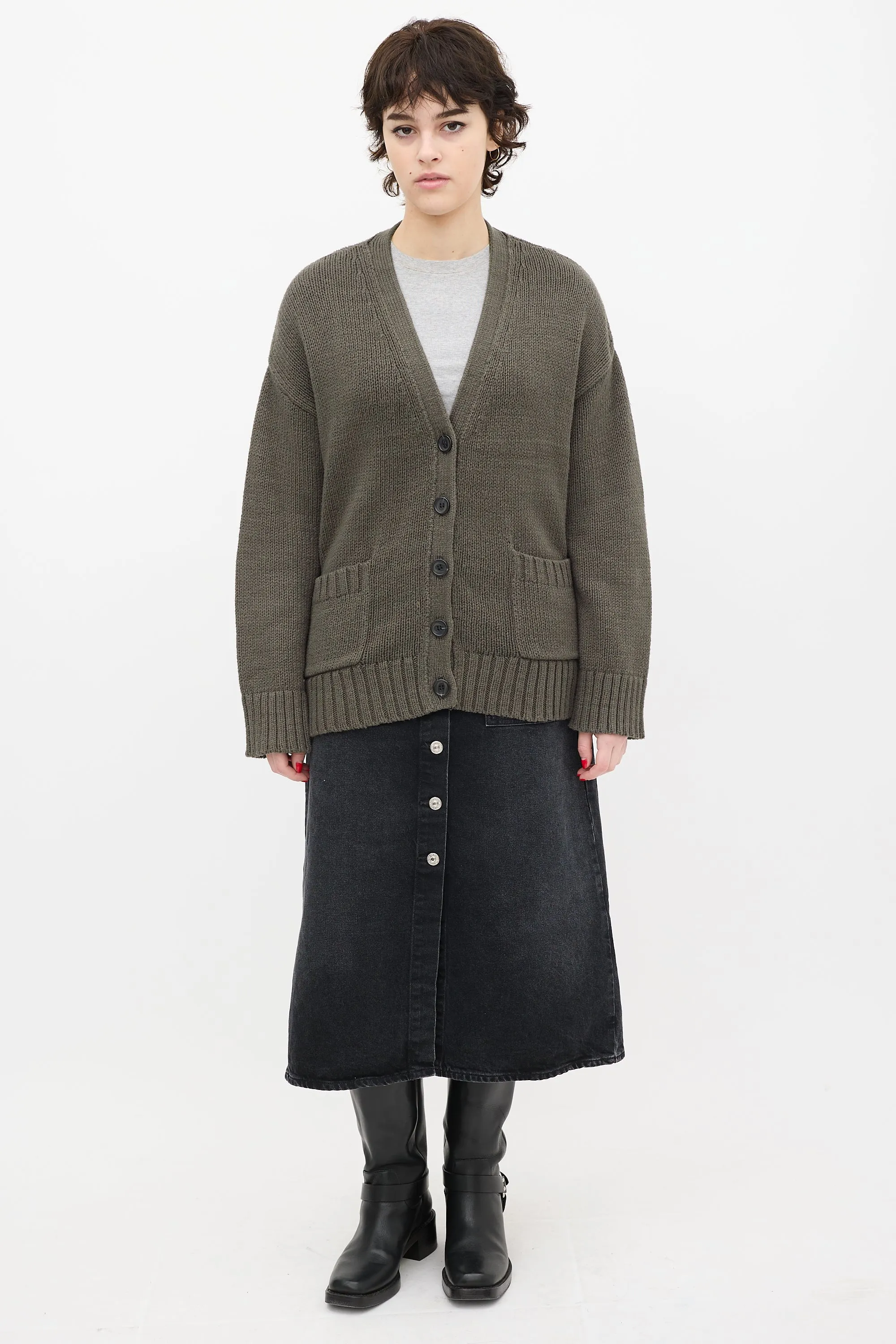 Green Knit V-Neck Cardigan