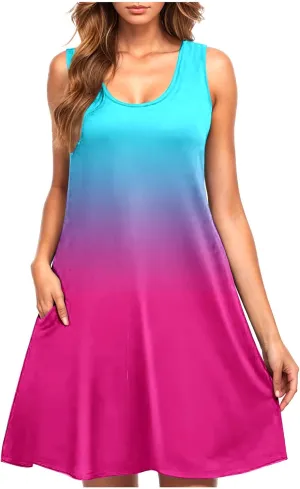 hlysgo Petite Dresses for Women with Pockets Summer Boho Sleeveless Crew Neck Mini Sundresses Trendy Beach Coverup Dress