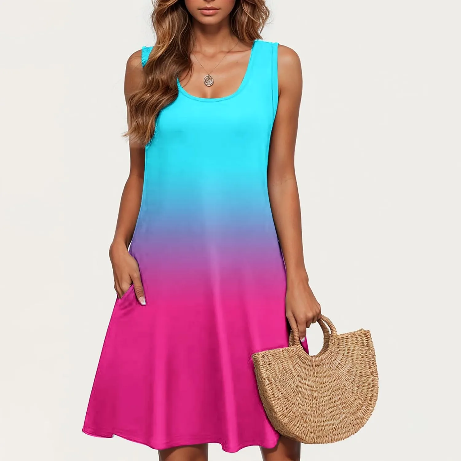 hlysgo Petite Dresses for Women with Pockets Summer Boho Sleeveless Crew Neck Mini Sundresses Trendy Beach Coverup Dress