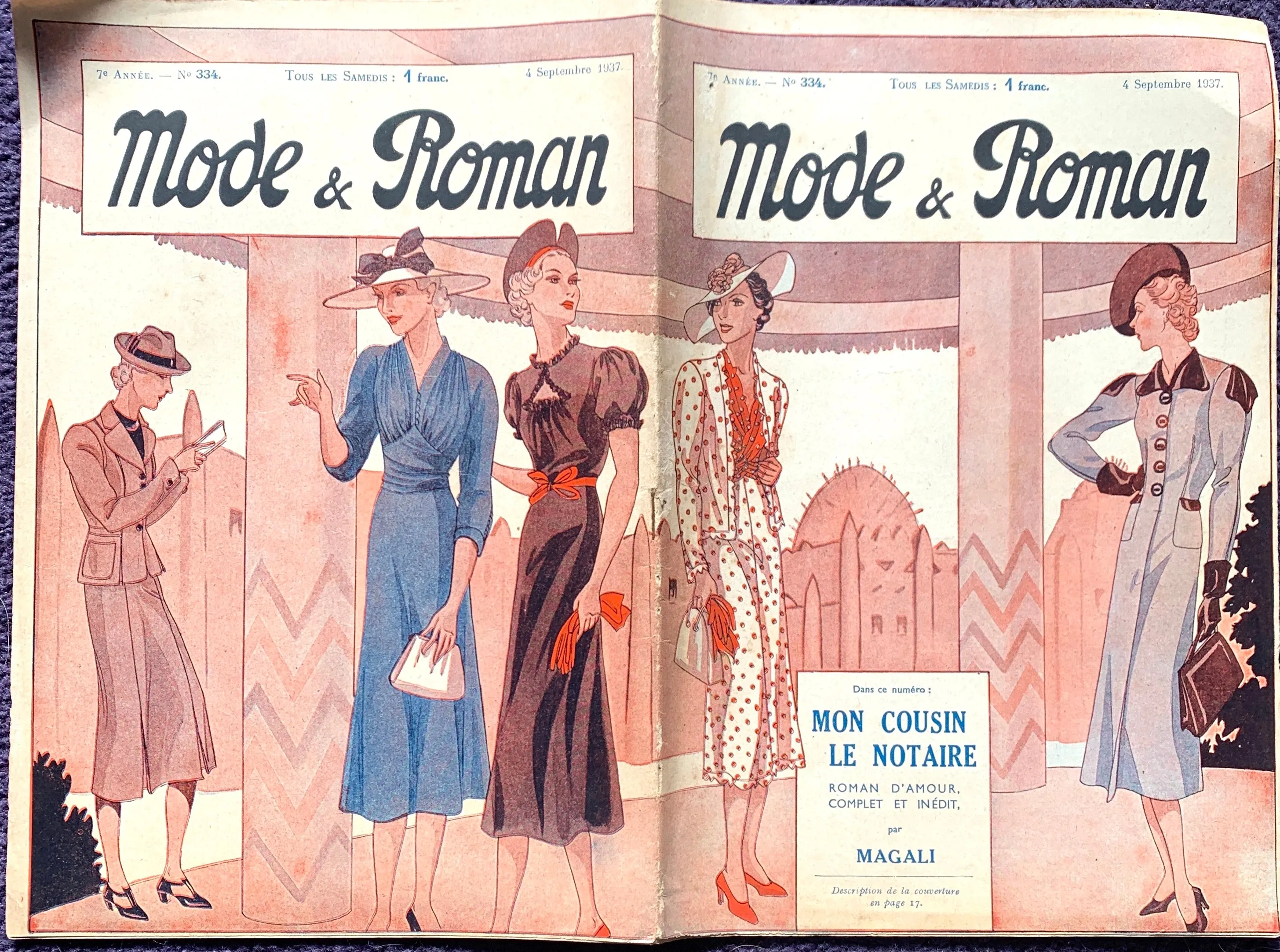 Late Summer Fashion on Front Cover of September 1937 French Magazine Mode & Roman