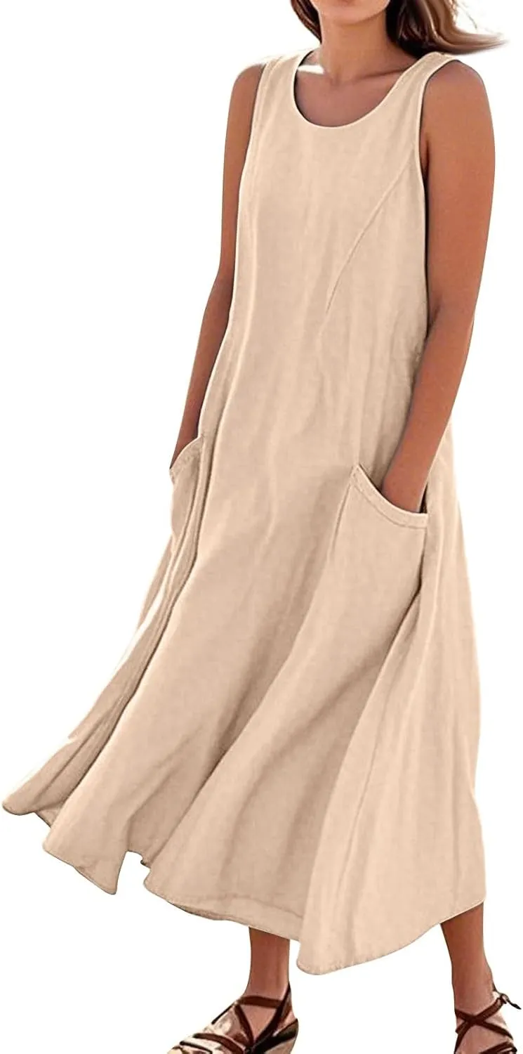 Linen Dresses for Women 2025 Plus Size Maxi Dresses for Curvy Women Summer Sleeveless Crewneck Solid Pocket Sundress