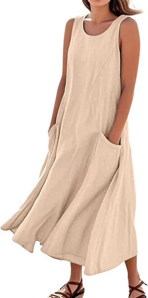 Linen Dresses for Women 2025 Plus Size Maxi Dresses for Curvy Women Summer Sleeveless Crewneck Solid Pocket Sundress