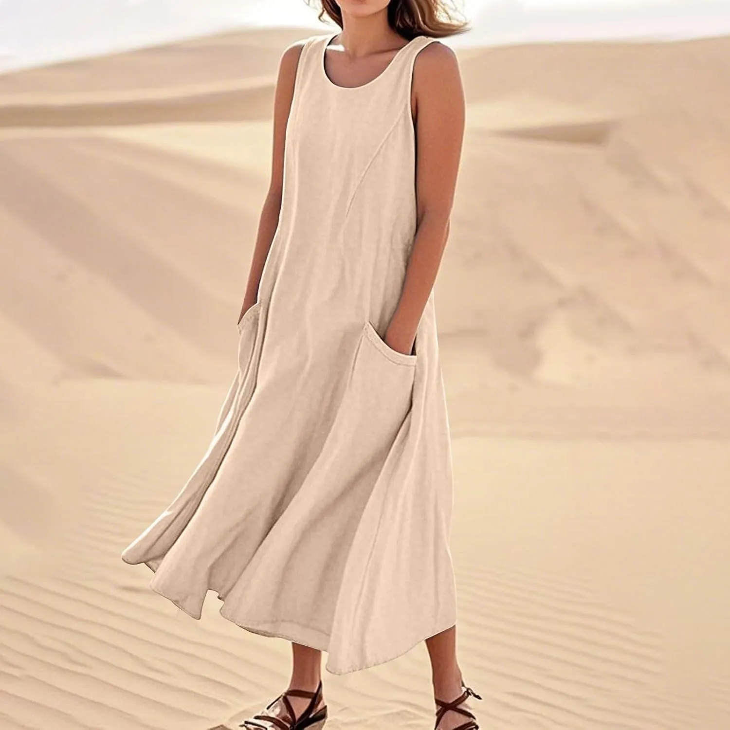 Linen Dresses for Women 2025 Plus Size Maxi Dresses for Curvy Women Summer Sleeveless Crewneck Solid Pocket Sundress