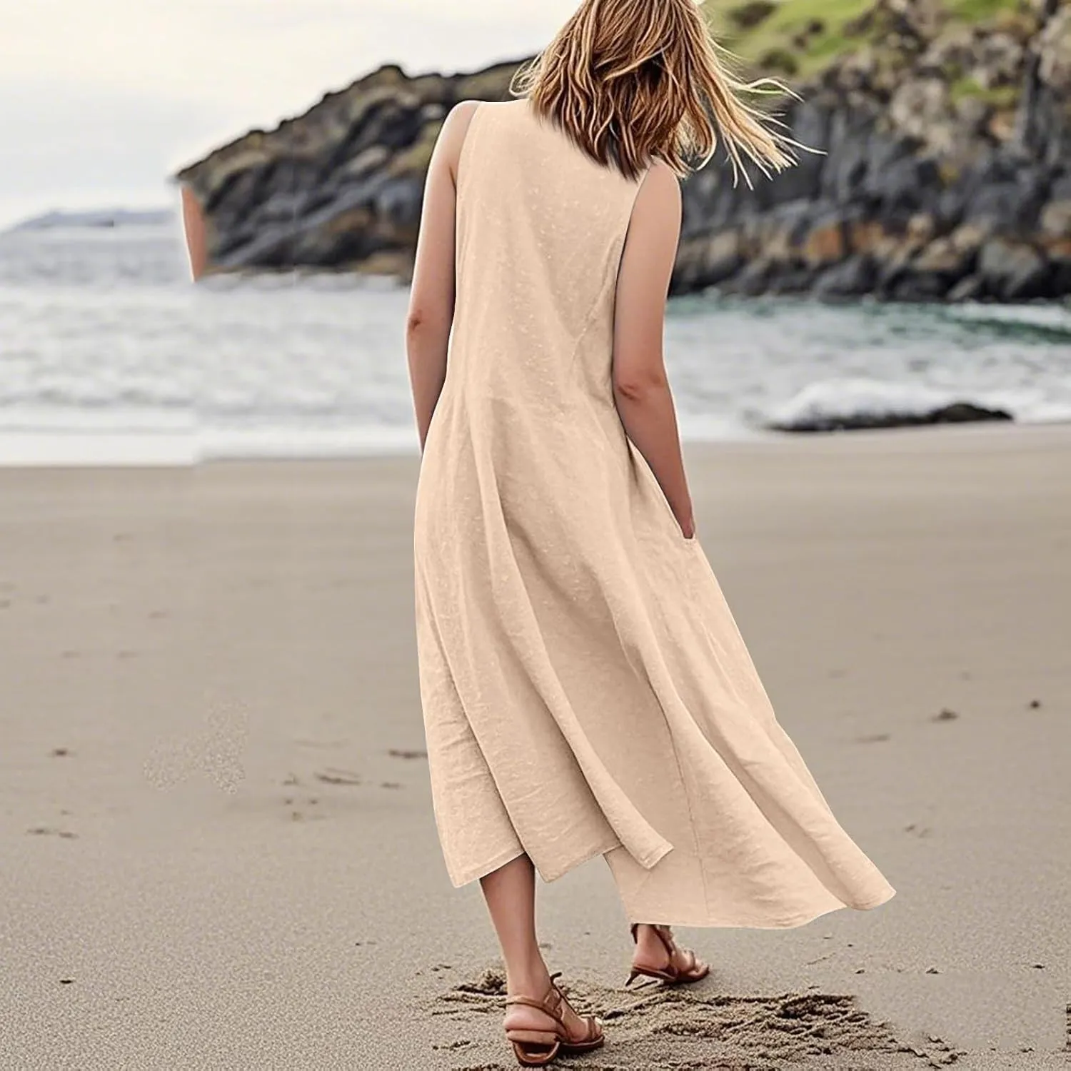 Linen Dresses for Women 2025 Plus Size Maxi Dresses for Curvy Women Summer Sleeveless Crewneck Solid Pocket Sundress