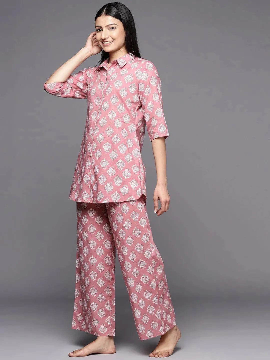 Mauve Printed Cotton Night Suit