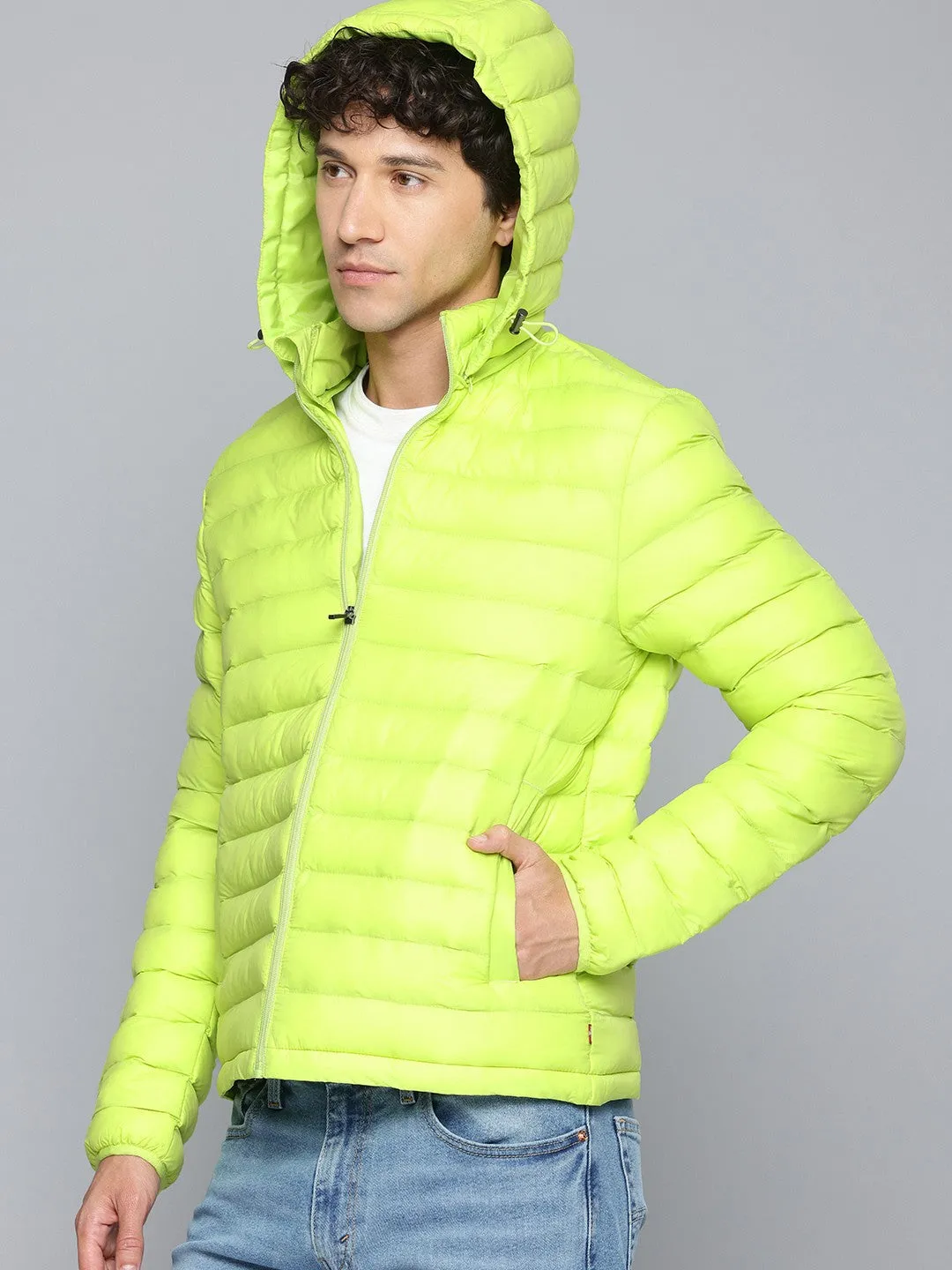 Men's Quilted Lime-Green Hooded Puffer Jacket