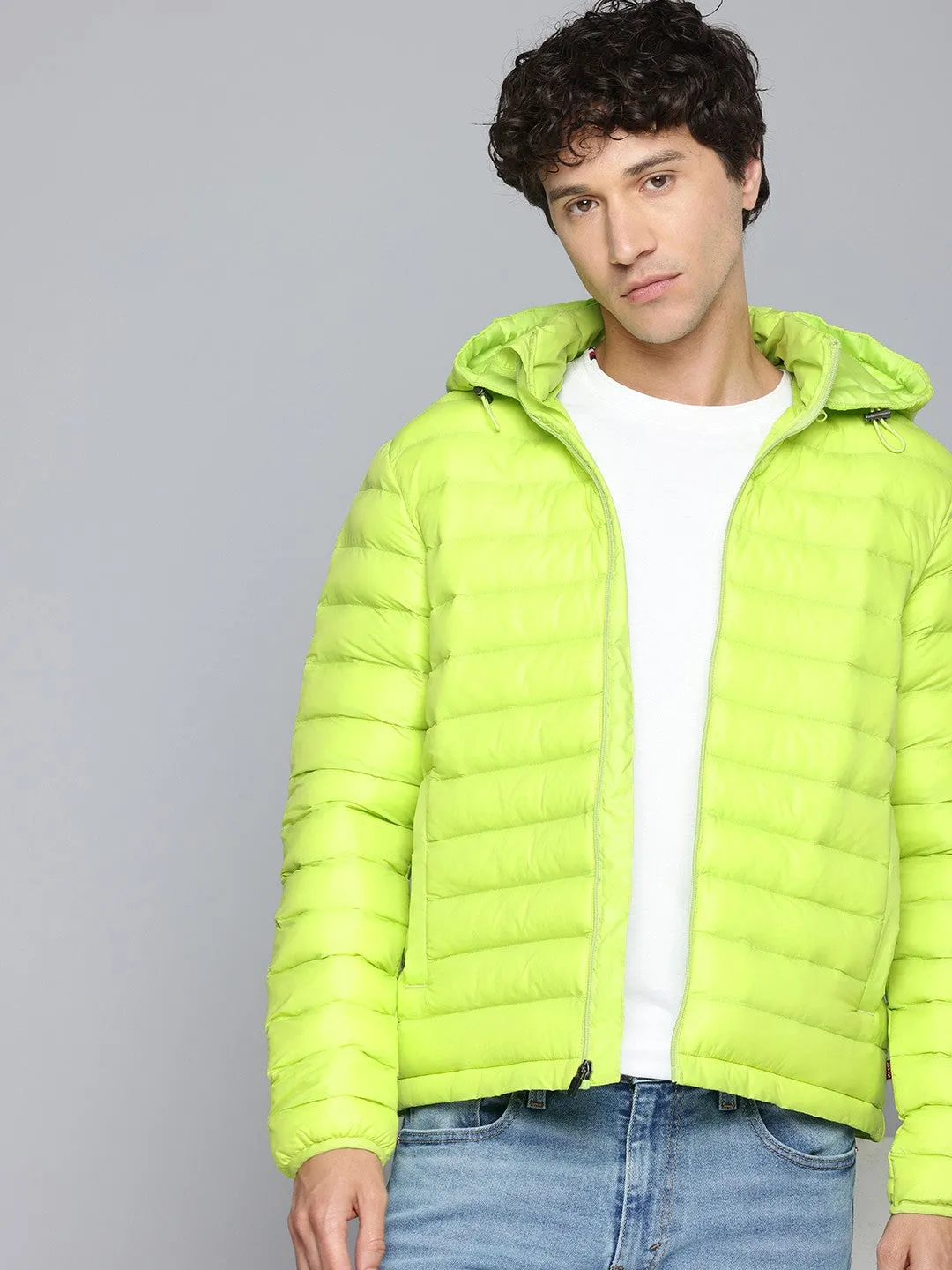Men's Quilted Lime-Green Hooded Puffer Jacket