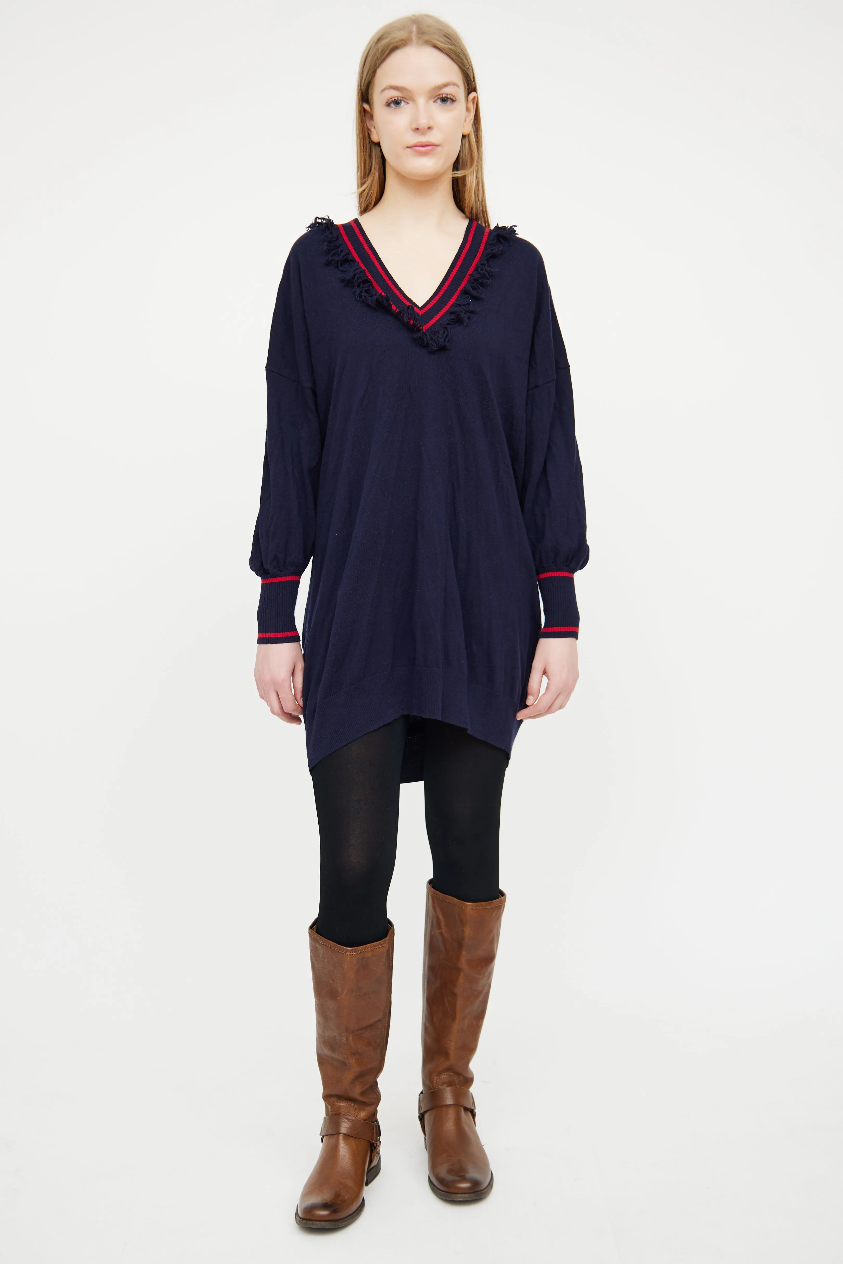 Navy & Red V-Neck Fringe Sweater
