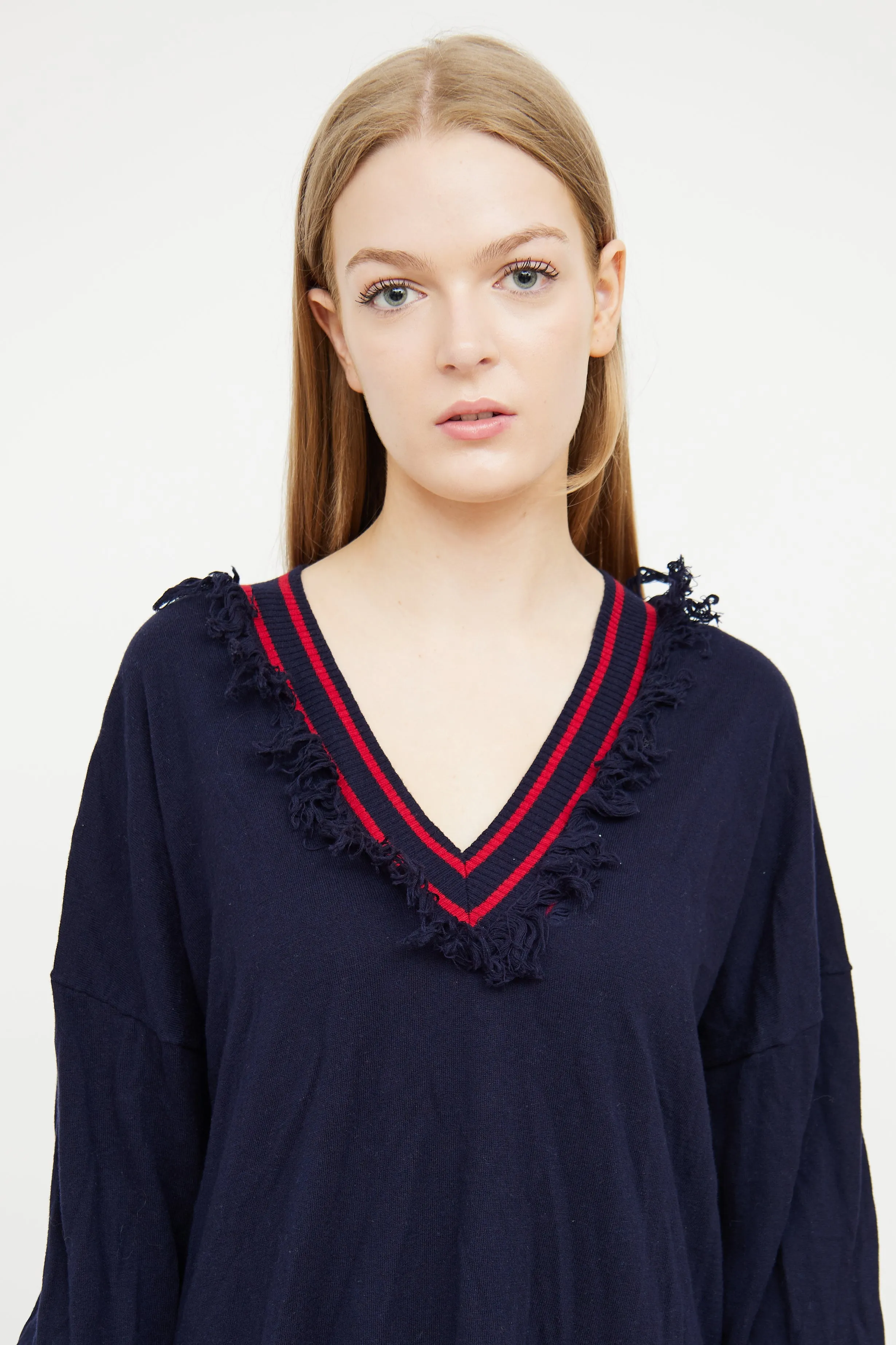 Navy & Red V-Neck Fringe Sweater
