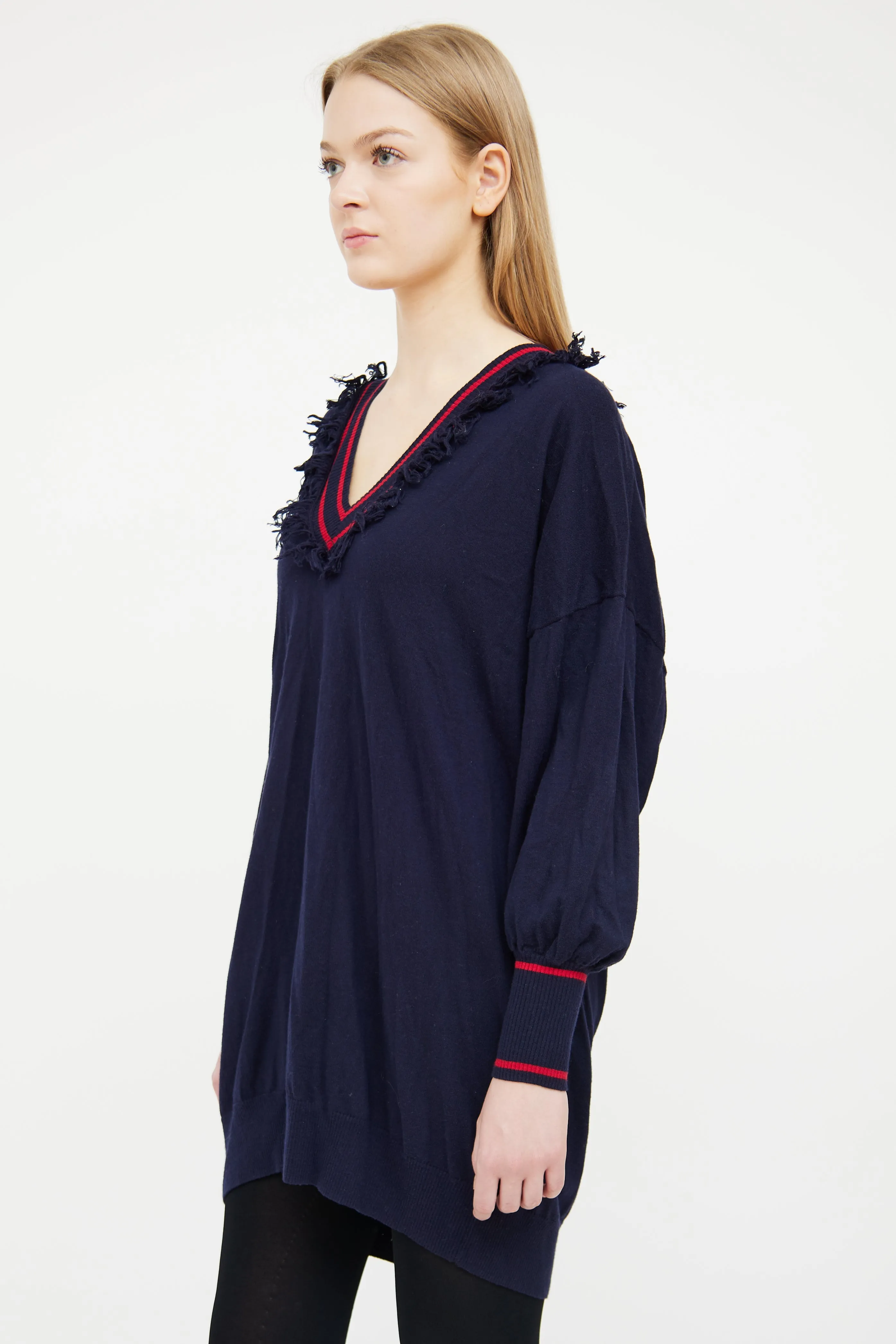 Navy & Red V-Neck Fringe Sweater