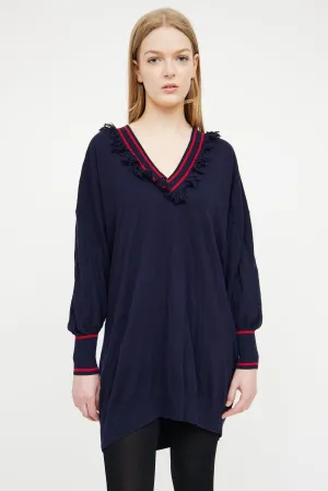 Navy & Red V-Neck Fringe Sweater