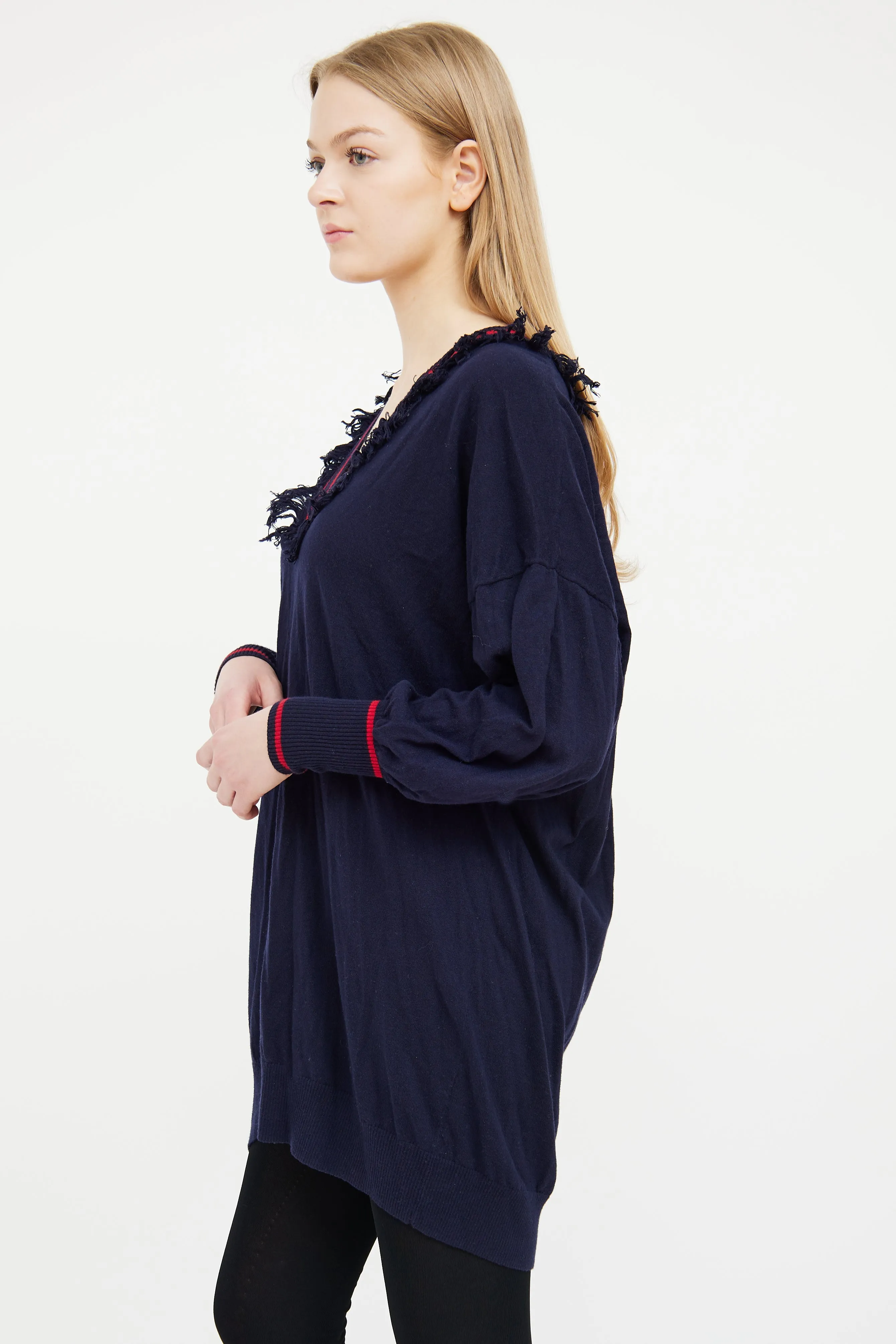 Navy & Red V-Neck Fringe Sweater