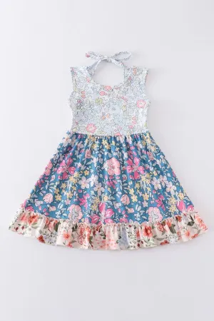 Navy floral print ruffle dress