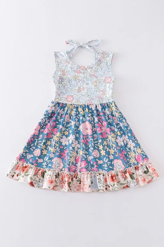 Navy floral print ruffle dress