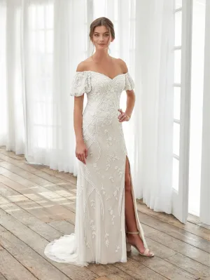 Off Shoulder Slit Bridal Dress by Adrianna Papell 40405