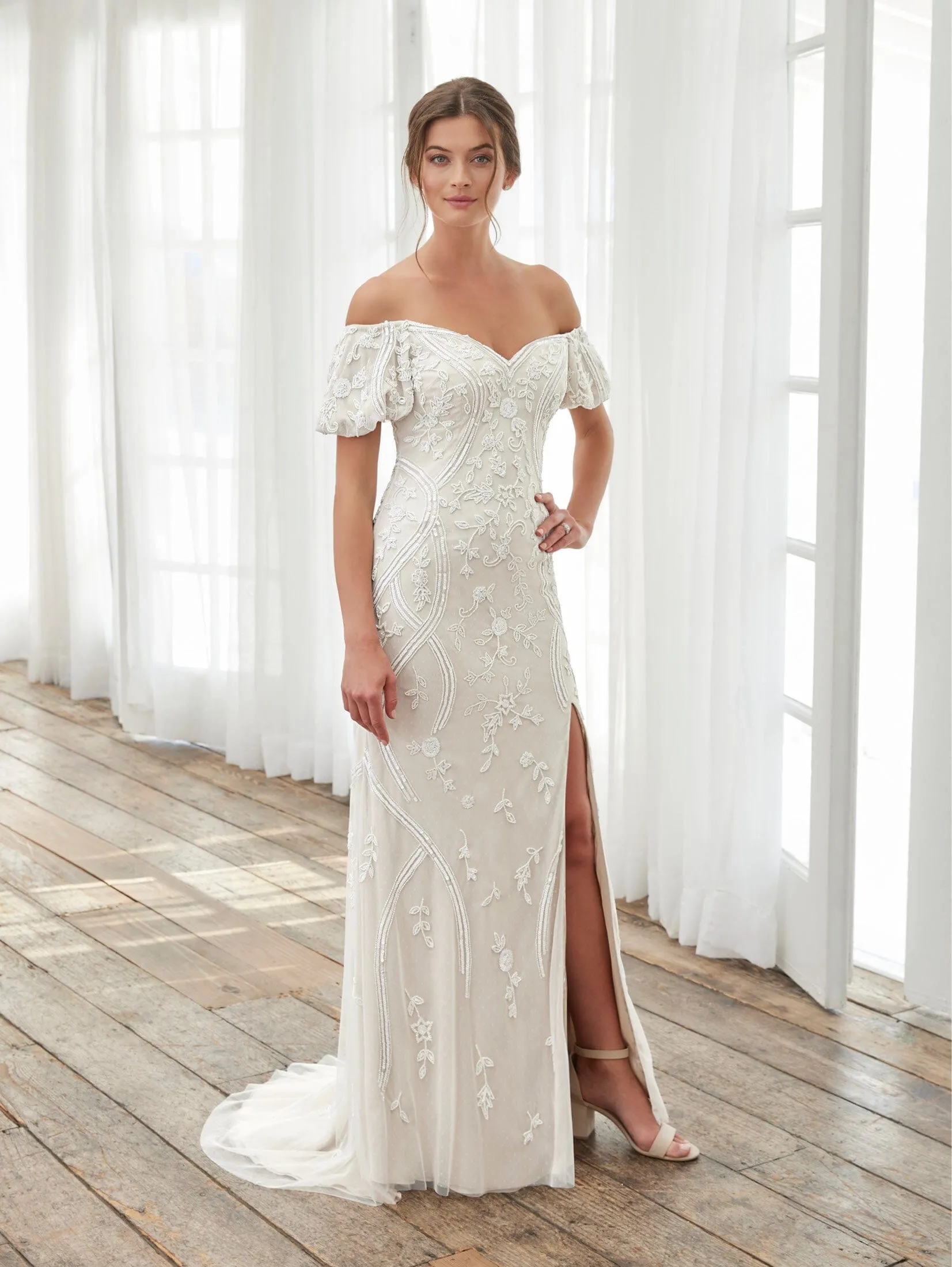 Off Shoulder Slit Bridal Dress by Adrianna Papell 40405