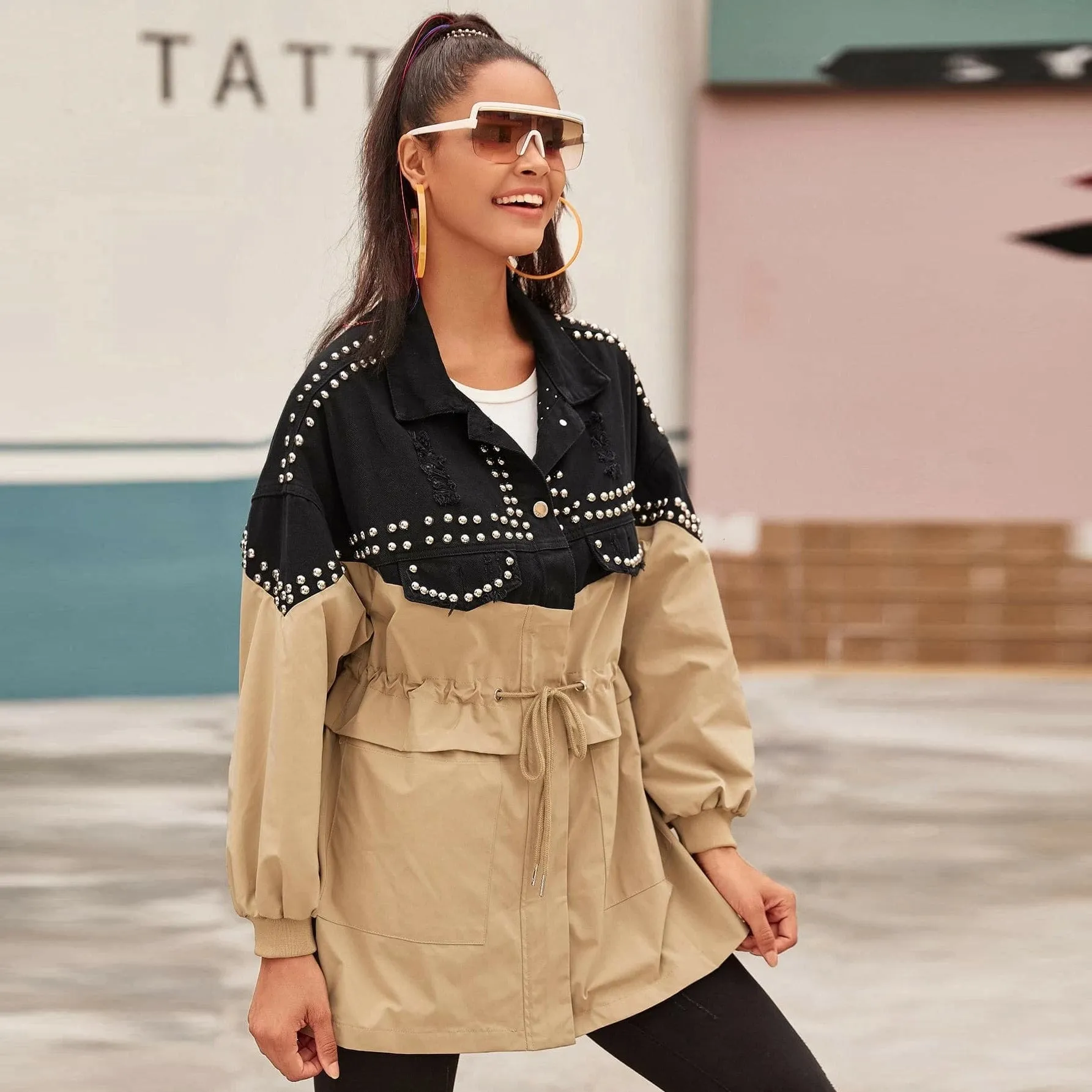 Patch Drawstring Waist Lapel Collar Mid-Length Casual Wholesale Denim Jacket