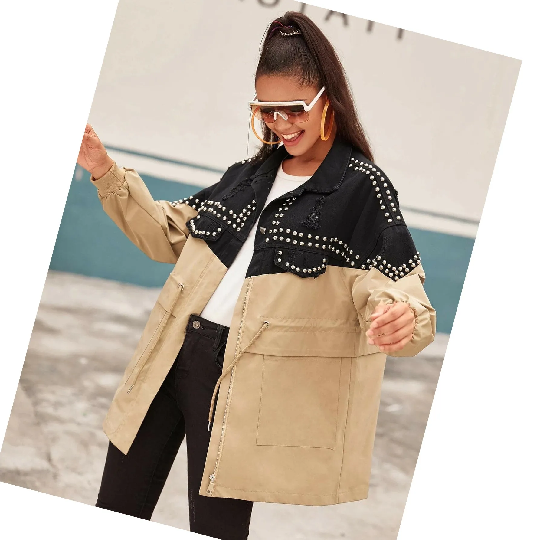 Patch Drawstring Waist Lapel Collar Mid-Length Casual Wholesale Denim Jacket