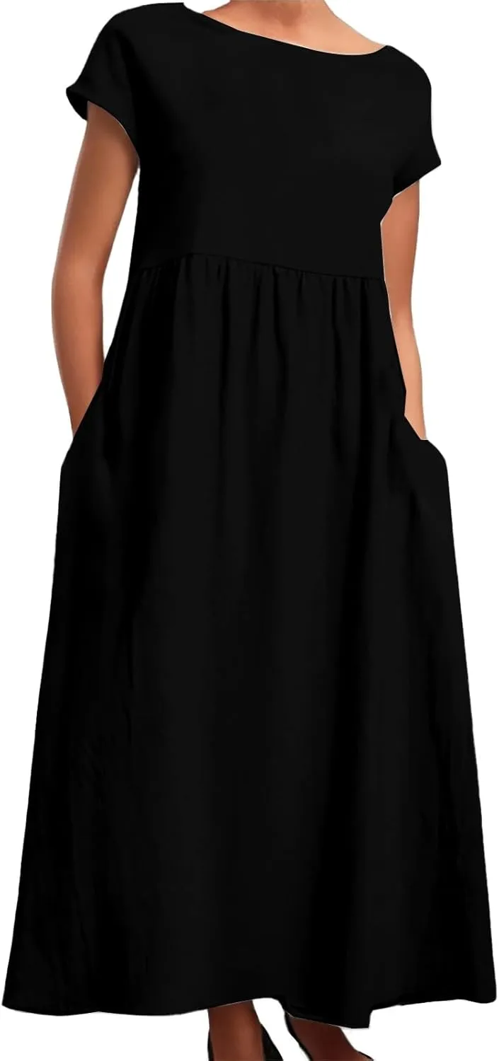 PTOLOCIF Women's Maxi Dress 2025 Summer Cotton Linen Long Dresses Solid Color Plus Size Loose T Shirt Dress with Pockets