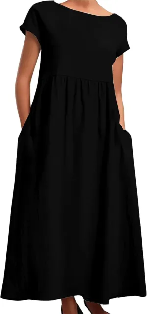 PTOLOCIF Women's Maxi Dress 2025 Summer Cotton Linen Long Dresses Solid Color Plus Size Loose T Shirt Dress with Pockets