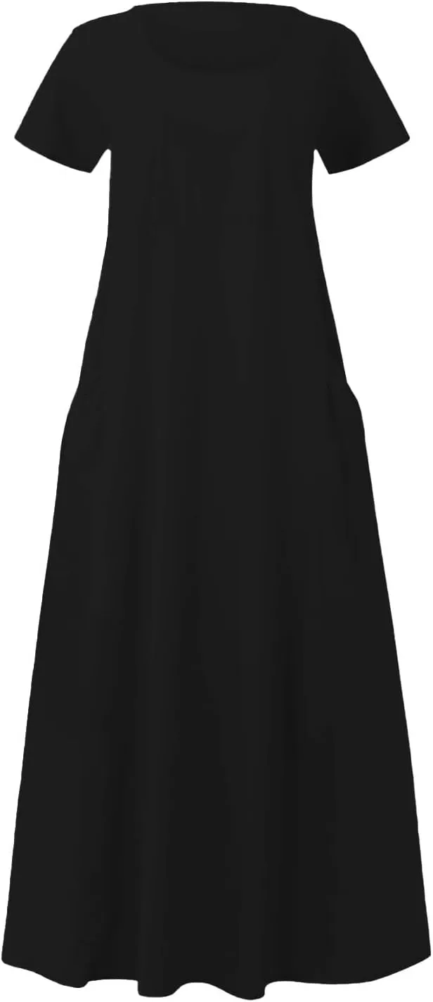 PTOLOCIF Women's Maxi Dress 2025 Summer Cotton Linen Long Dresses Solid Color Plus Size Loose T Shirt Dress with Pockets
