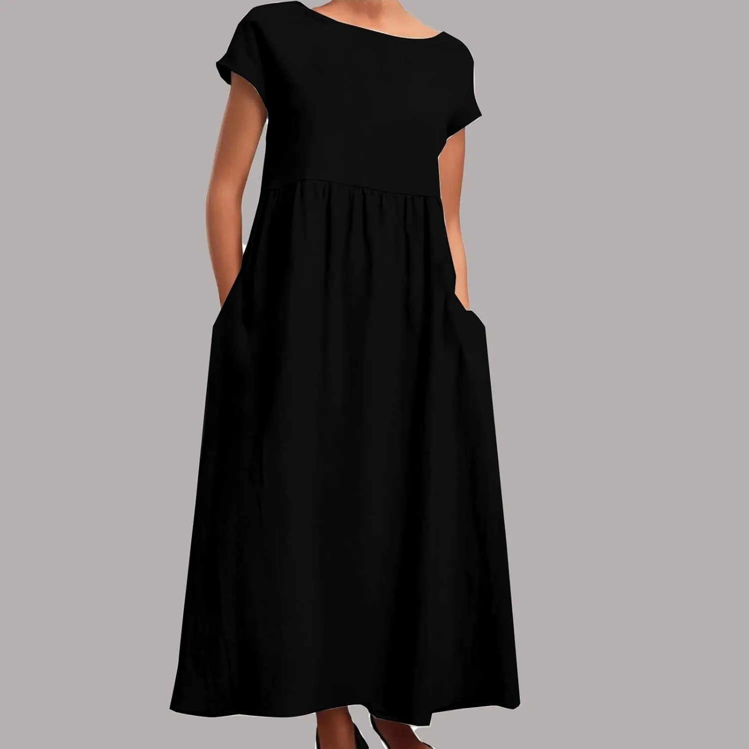 PTOLOCIF Women's Maxi Dress 2025 Summer Cotton Linen Long Dresses Solid Color Plus Size Loose T Shirt Dress with Pockets