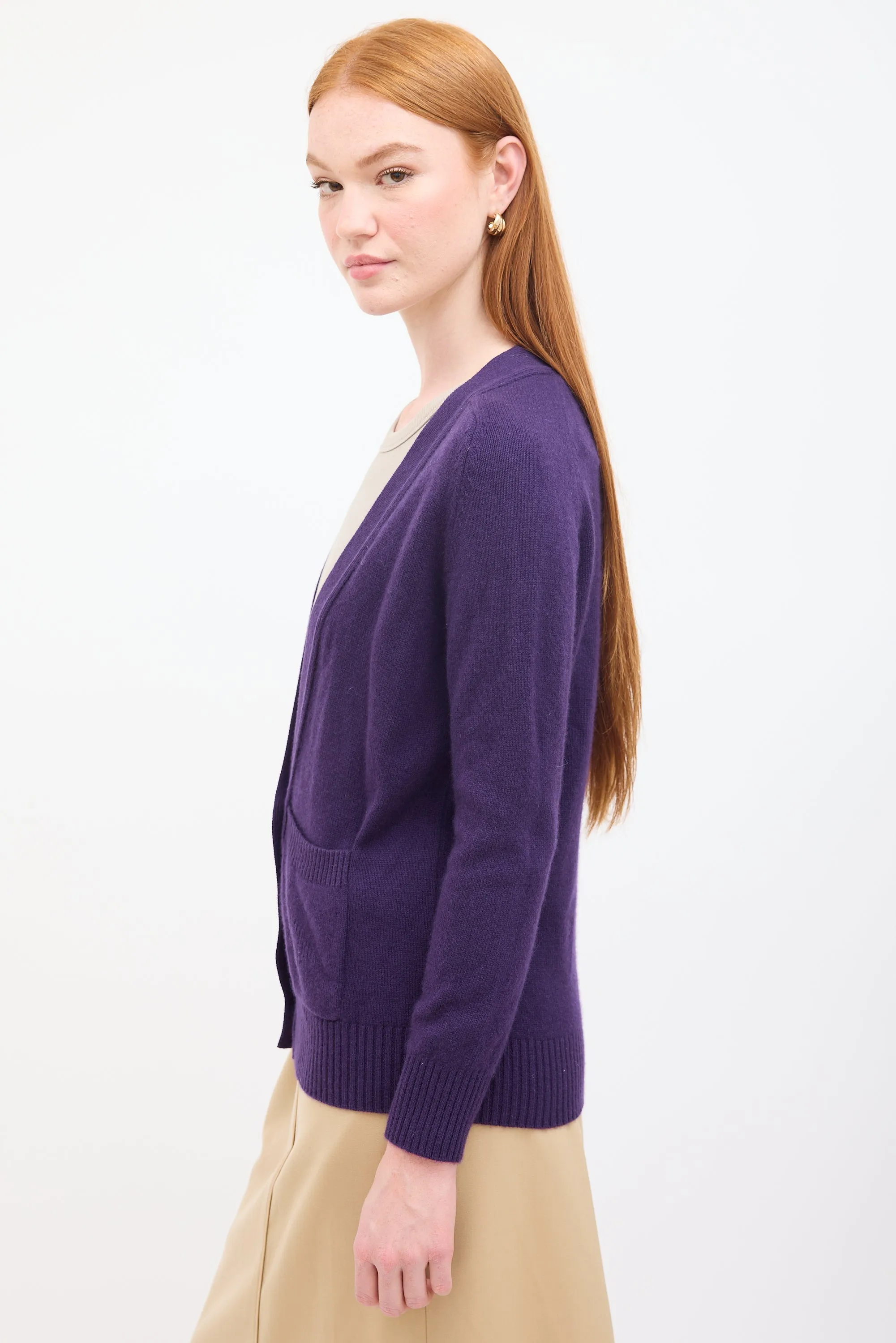 Purple Cashmere Knit V-Neck Cardigan
