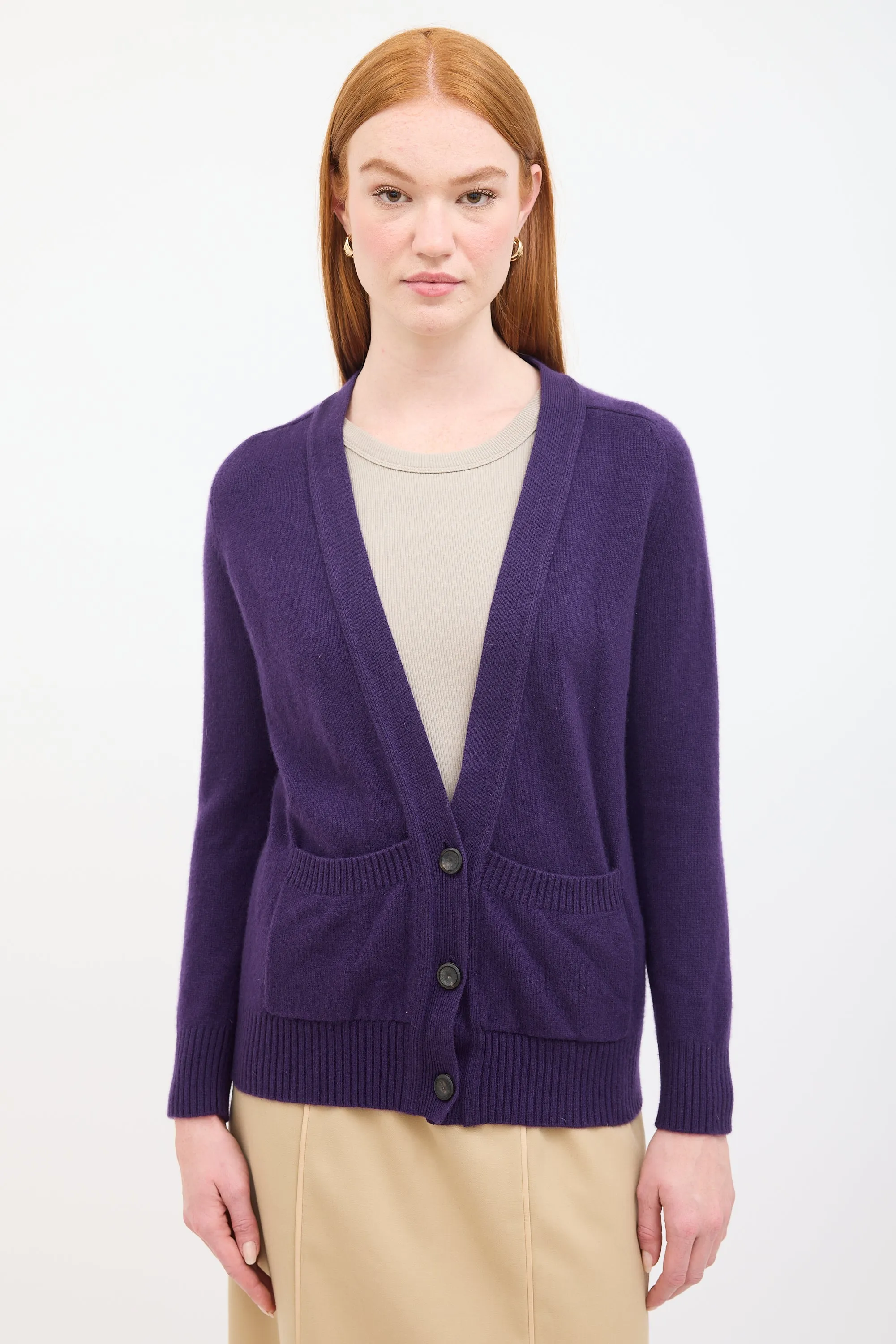 Purple Cashmere Knit V-Neck Cardigan