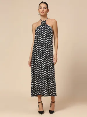 "FLIPPED-HEARTS" PRINTED RAYON HALTER A-LINE DRESS W/ EMBELLISHED CORSAGE
