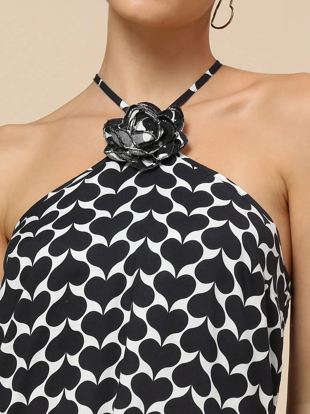 "FLIPPED-HEARTS" PRINTED RAYON HALTER A-LINE DRESS W/ EMBELLISHED CORSAGE