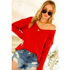 Textured V-Neck Knit Sweater Top with Drop Shoulder