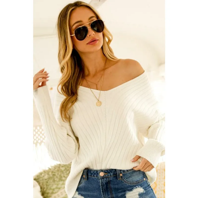 Textured V-Neck Knit Sweater Top with Drop Shoulder