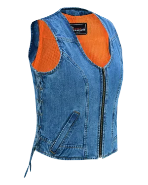 VB1042 Women's Blue Denim V Neck Vest with Zipper & side laces